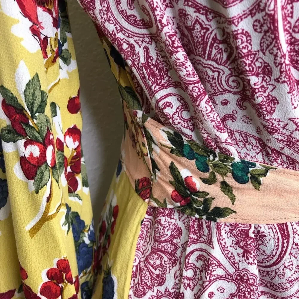 Anthropologie Meadow Rue yellow pink mixed floral wrap front top size 6 - Picture 8 of 16